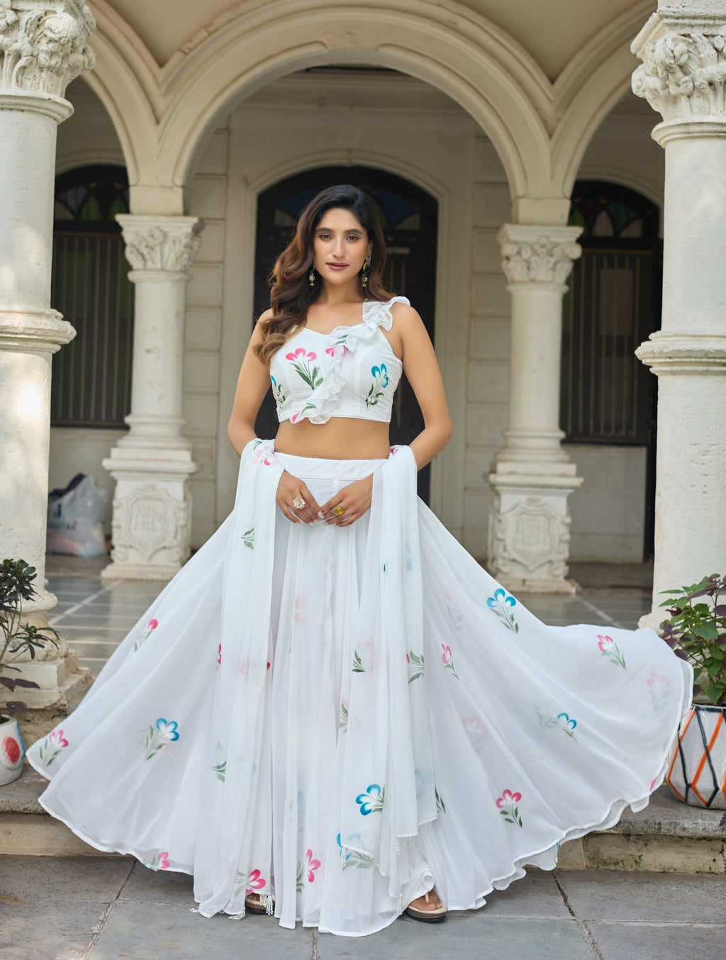 Lorenvalley Fashion White Georgette with Hand-painted Floral Design Lehenga Choli with Dupatta - Distacart