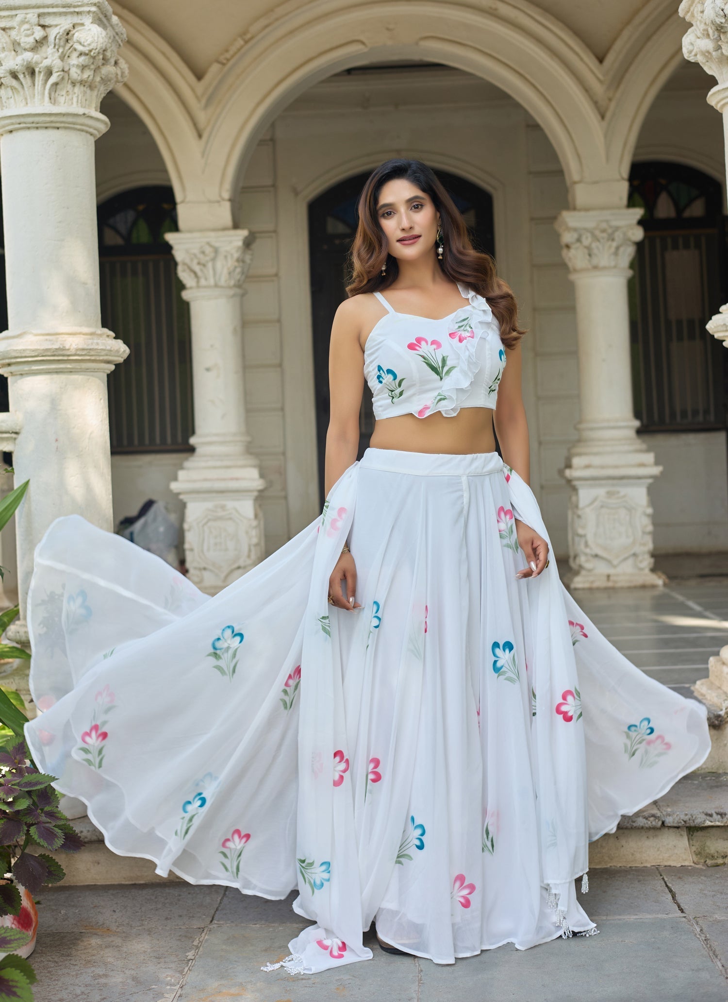 Lorenvalley Fashion White Georgette with Hand-painted Floral Design Lehenga Choli with Dupatta - Distacart