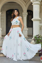 Lorenvalley Fashion White Georgette with Hand-painted Floral Design Lehenga Choli with Dupatta - Distacart