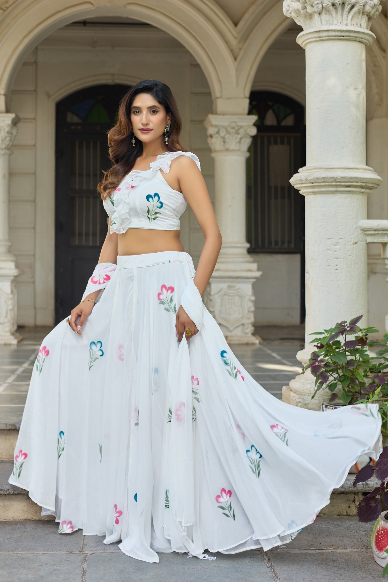 Lorenvalley Fashion White Georgette with Hand-painted Floral Design Lehenga Choli with Dupatta - Distacart