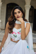 Lorenvalley Fashion White Georgette with Hand-painted Floral Design Lehenga Choli with Dupatta - Distacart