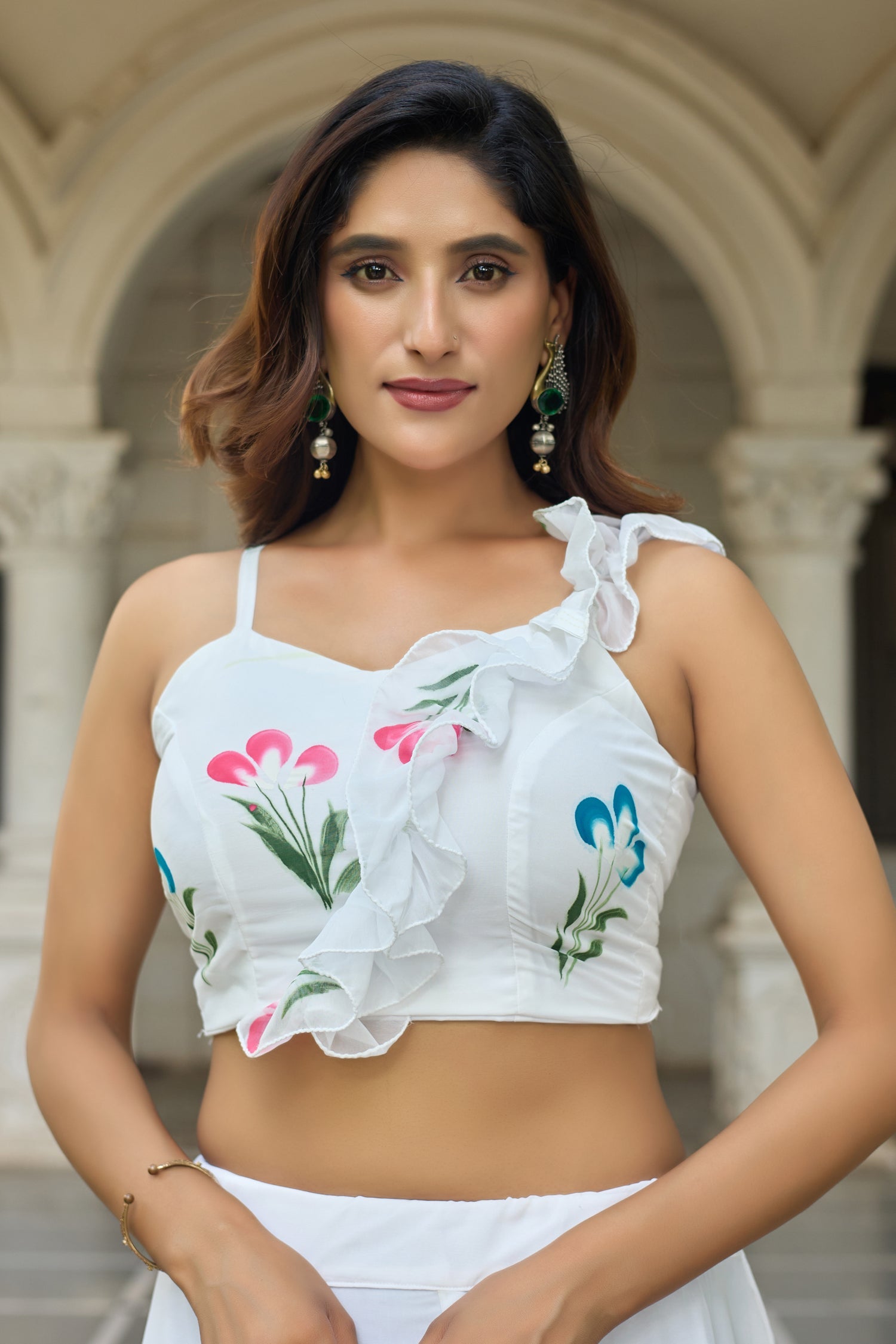 Lorenvalley Fashion White Georgette with Hand-painted Floral Design Lehenga Choli with Dupatta - Distacart