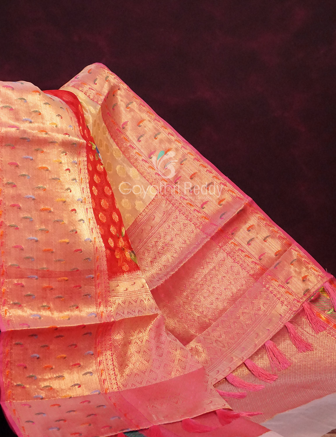 Shades Of Red Colour Banaras Borders And Creeper Design Semi Silk Saree By Gayathri Reddy Designer Studio