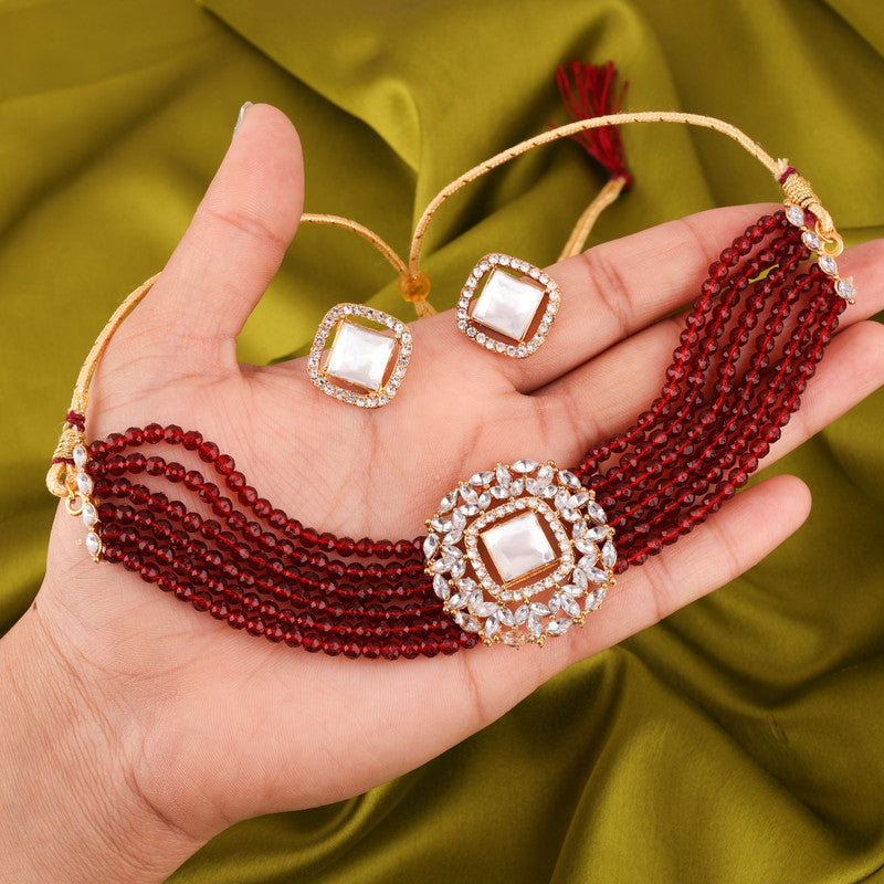 Tehzeeb Creations Brass Gold-Polished Gold, Maroon, White Jewel Set  