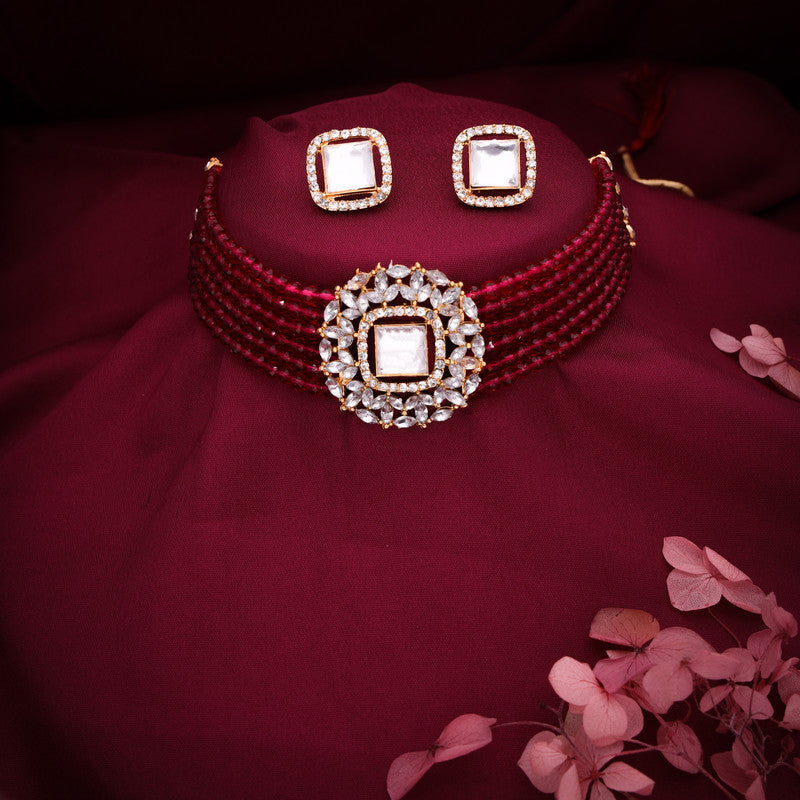 Tehzeeb Creations Brass Gold-Polished Gold, Red, White Jewel Set  