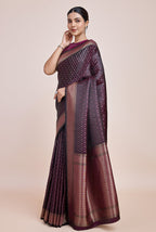 Monjolika Fashion Glamour And Tradition With This Zari Woven Wine Color Banarasi Satin Silk Saree