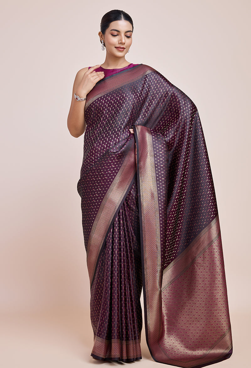 Monjolika Fashion Glamour And Tradition With This Zari Woven Wine Color Banarasi Satin Silk Saree