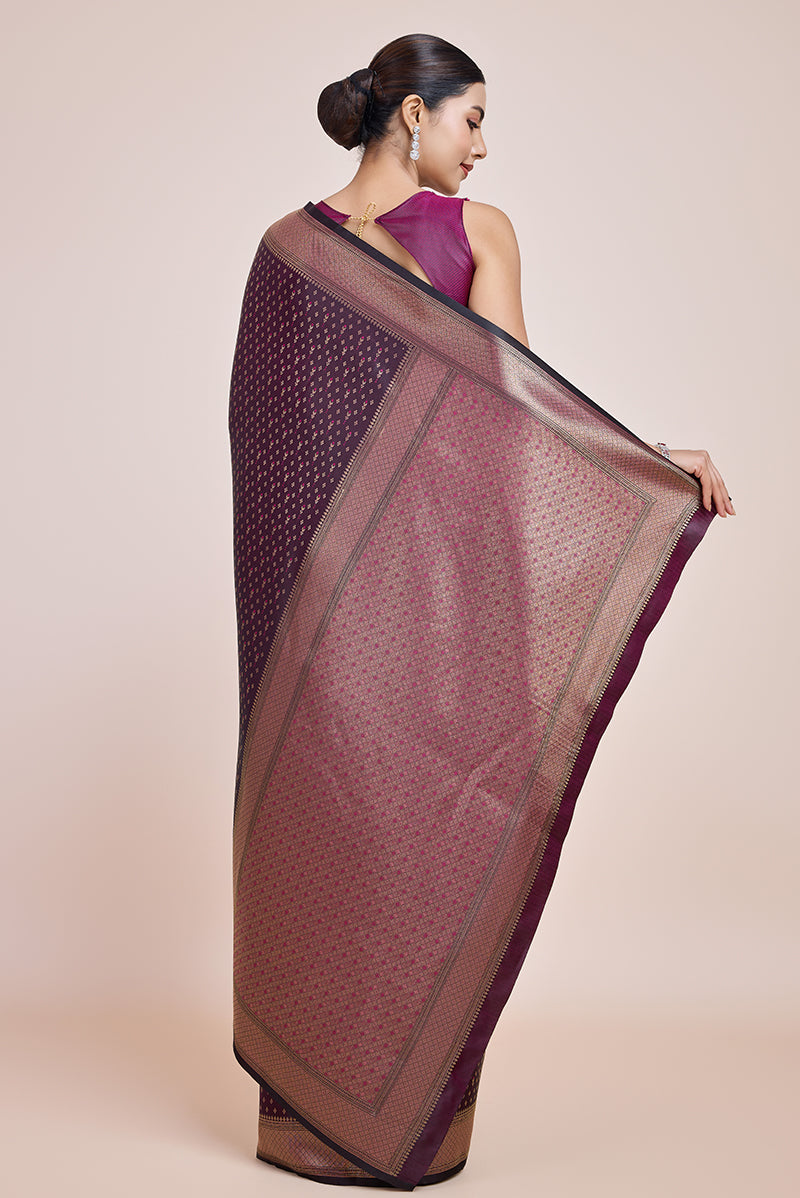 Monjolika Fashion Glamour And Tradition With This Zari Woven Wine Color Banarasi Satin Silk Saree
