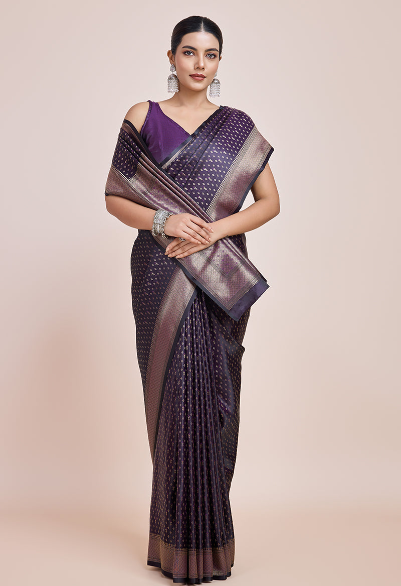 Monjolika Fashion Glamour And Tradition With This Zari Woven Darl Purple Color Banarasi Satin Silk Saree