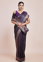 Monjolika Fashion Glamour And Tradition With This Zari Woven Darl Purple Color Banarasi Satin Silk Saree