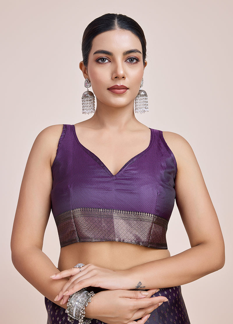 Monjolika Fashion Glamour And Tradition With This Zari Woven Darl Purple Color Banarasi Satin Silk Saree