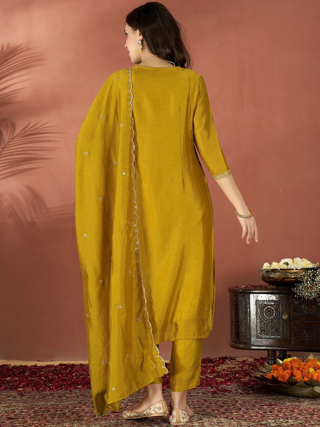 Vegaa Fashion Mustard Vichitra Silk Embroidered Salwar Suit - Distacart