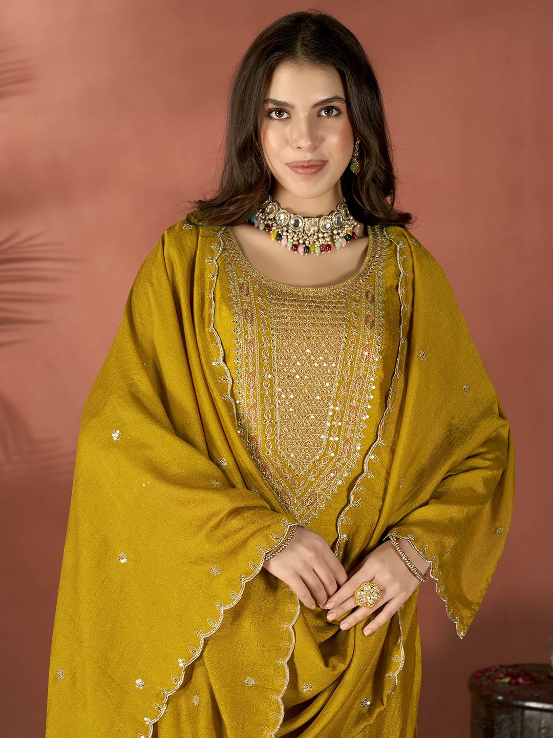 Vegaa Fashion Mustard Vichitra Silk Embroidered Salwar Suit - Distacart