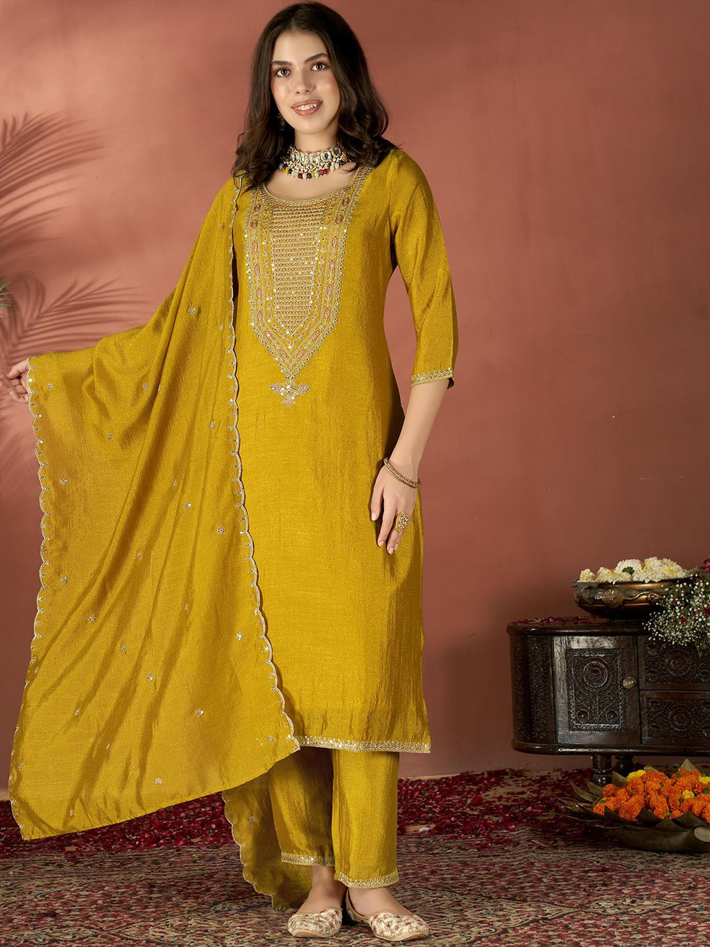 Vegaa Fashion Mustard Vichitra Silk Embroidered Salwar Suit - Distacart