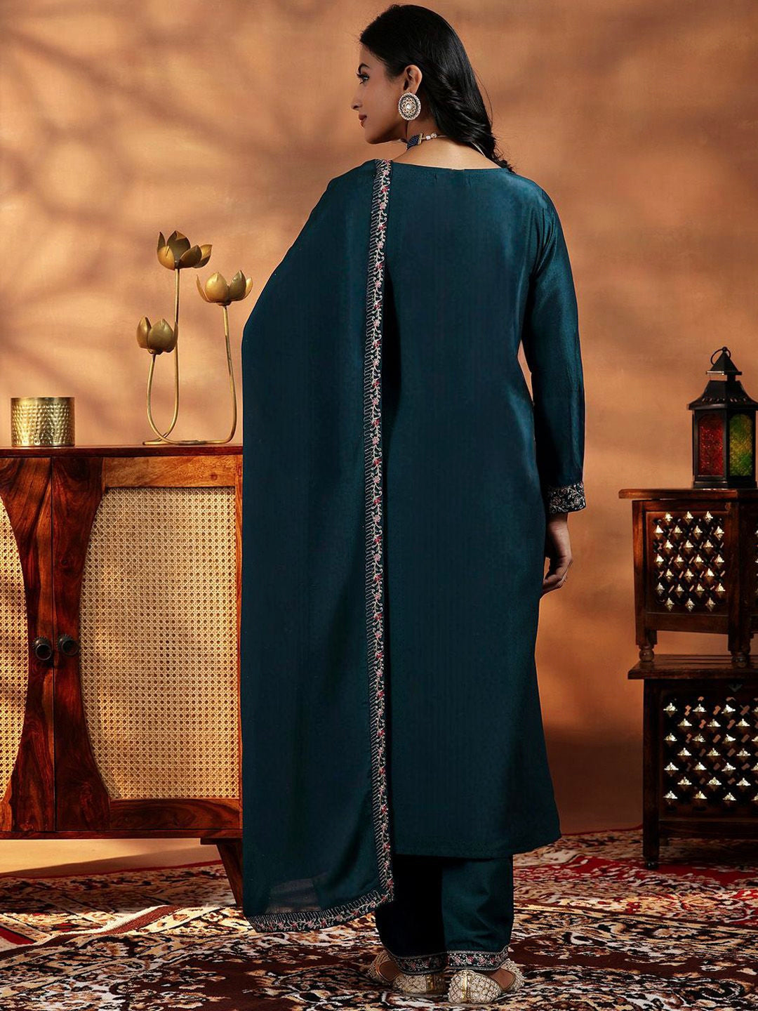 Vegaa Fashion Rama Mustard Vichitra Silk Embroidered Salwar Suit - Distacart