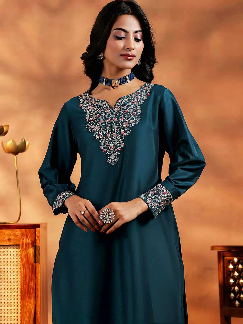 Vegaa Fashion Rama Mustard Vichitra Silk Embroidered Salwar Suit - Distacart