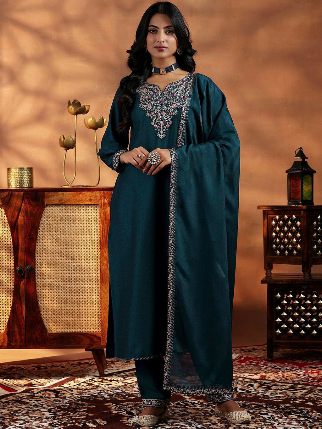 Vegaa Fashion Rama Mustard Vichitra Silk Embroidered Salwar Suit - Distacart