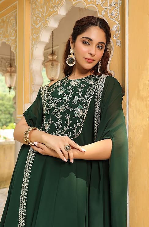 Vegaa Fashion Green Georgette Embroidered Anarkali Suit With Strug - Distacart