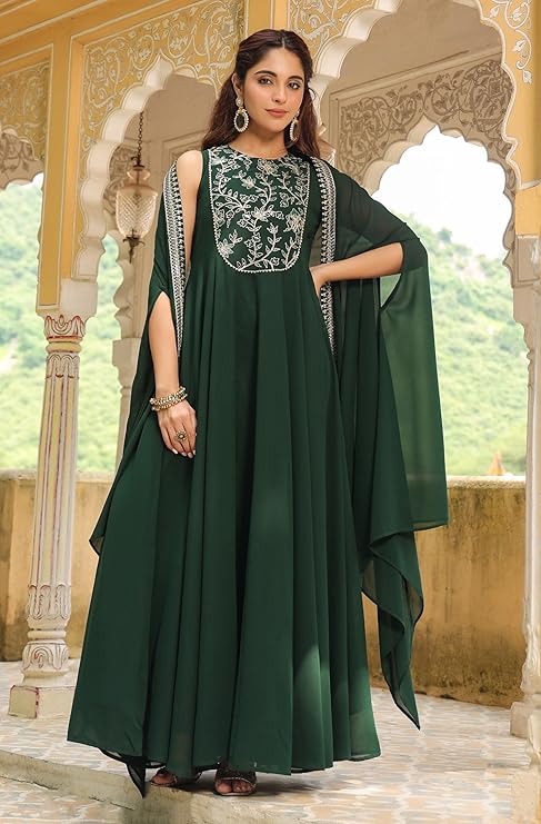 Vegaa Fashion Green Georgette Embroidered Anarkali Suit With Strug - Distacart