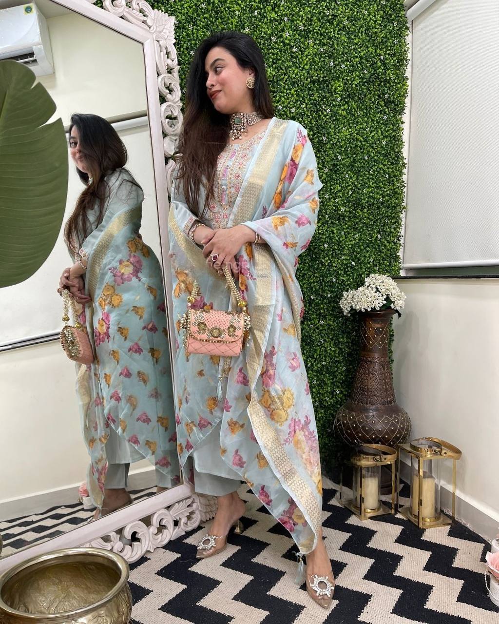Vegaa Fashion Sky Blue Chanderi Silk Embroidered Salwar Suit - Distacart