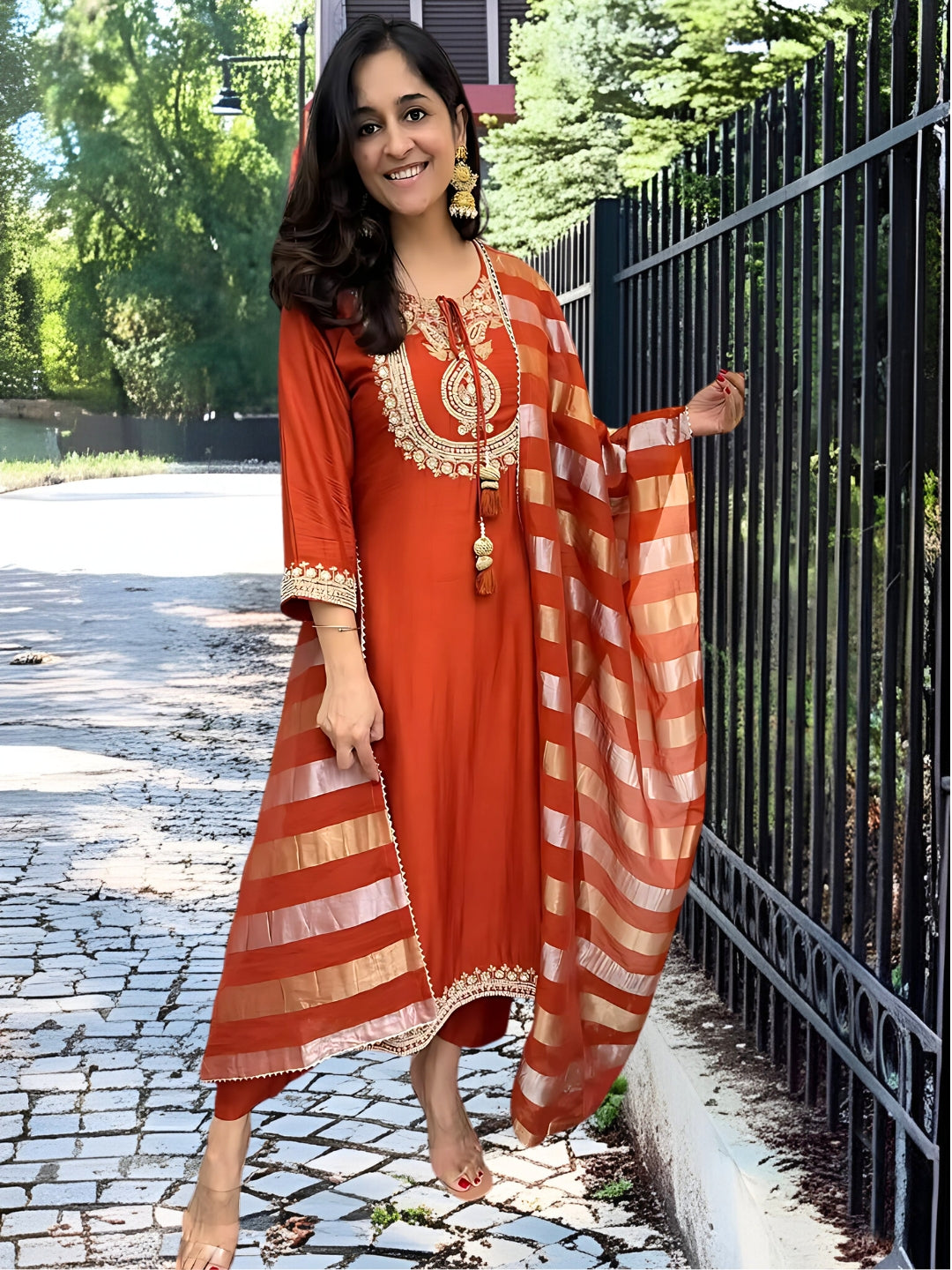 Vegaa Fashion Orange Chanderi Silk Embroidered Salwar Suit - Distacart