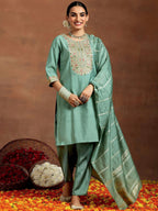 Vegaa Fashion Bottel Green Chanderi Silk Embroidered Salwar Suit - Distacart