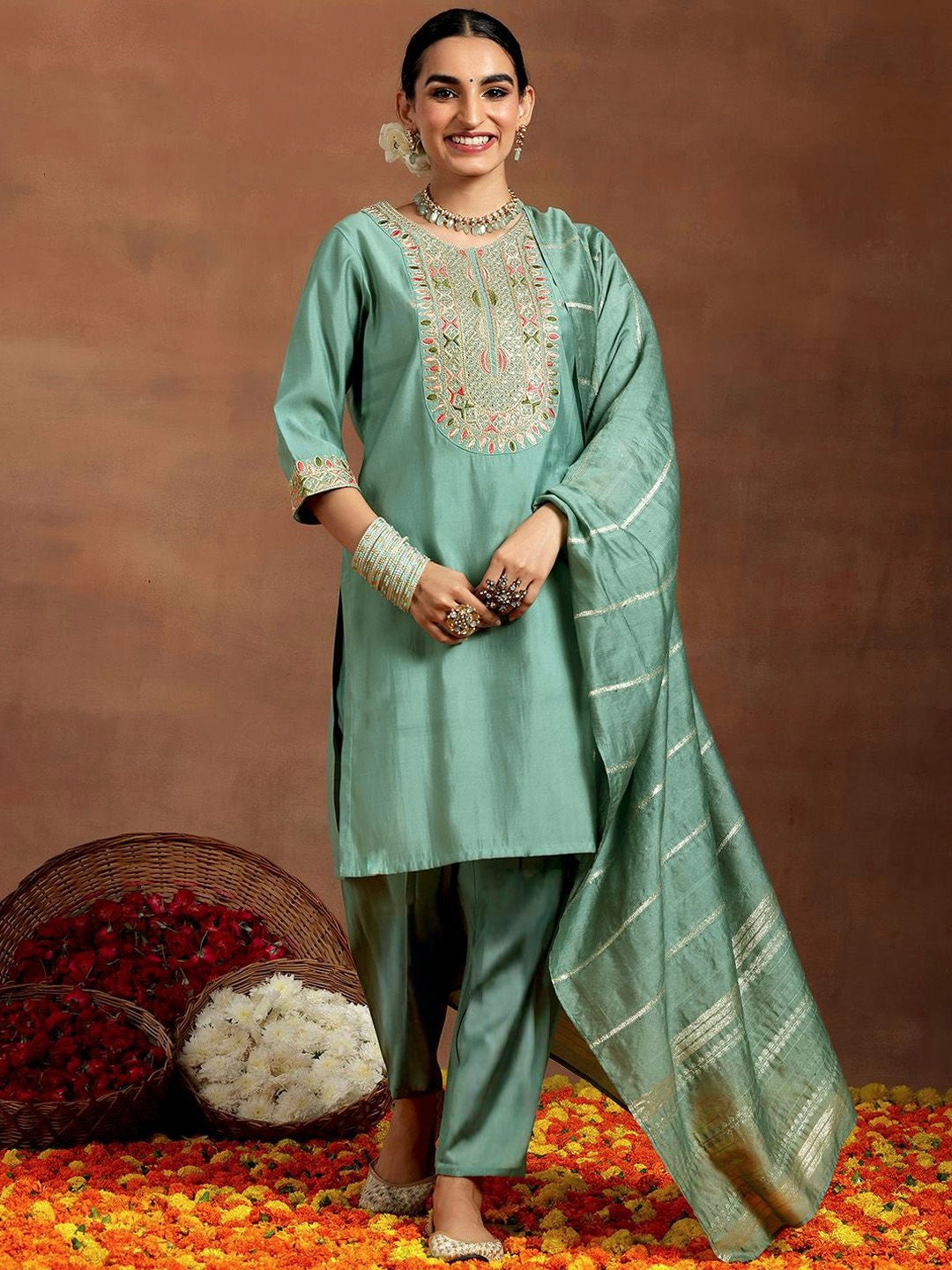 Vegaa Fashion Bottel Green Chanderi Silk Embroidered Salwar Suit - Distacart