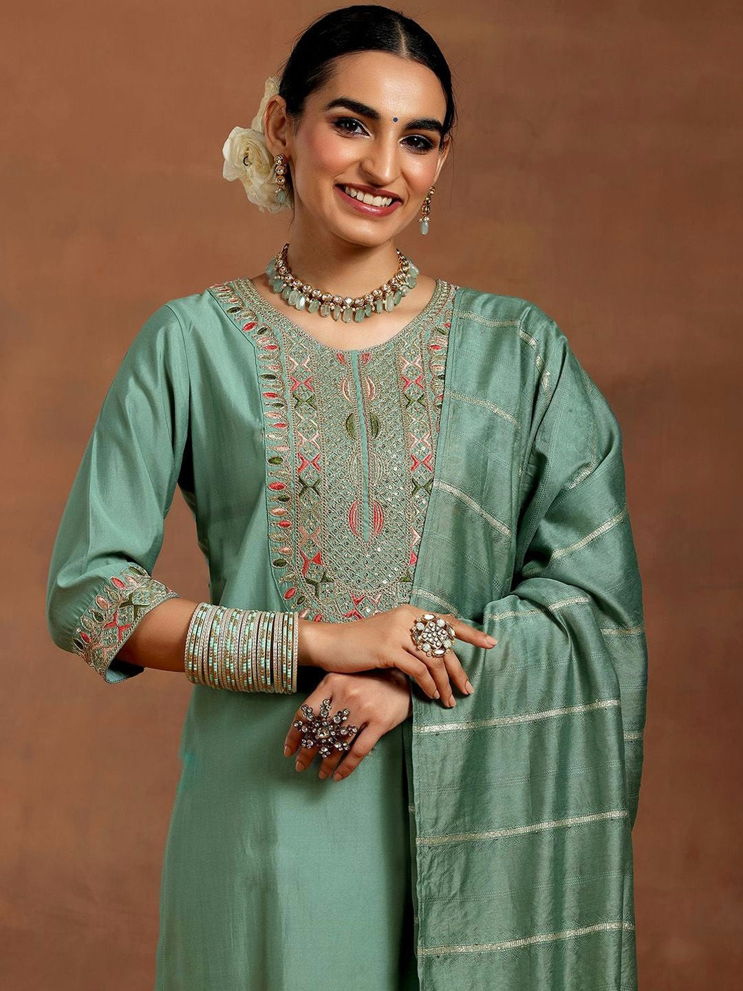 Vegaa Fashion Bottel Green Chanderi Silk Embroidered Salwar Suit - Distacart