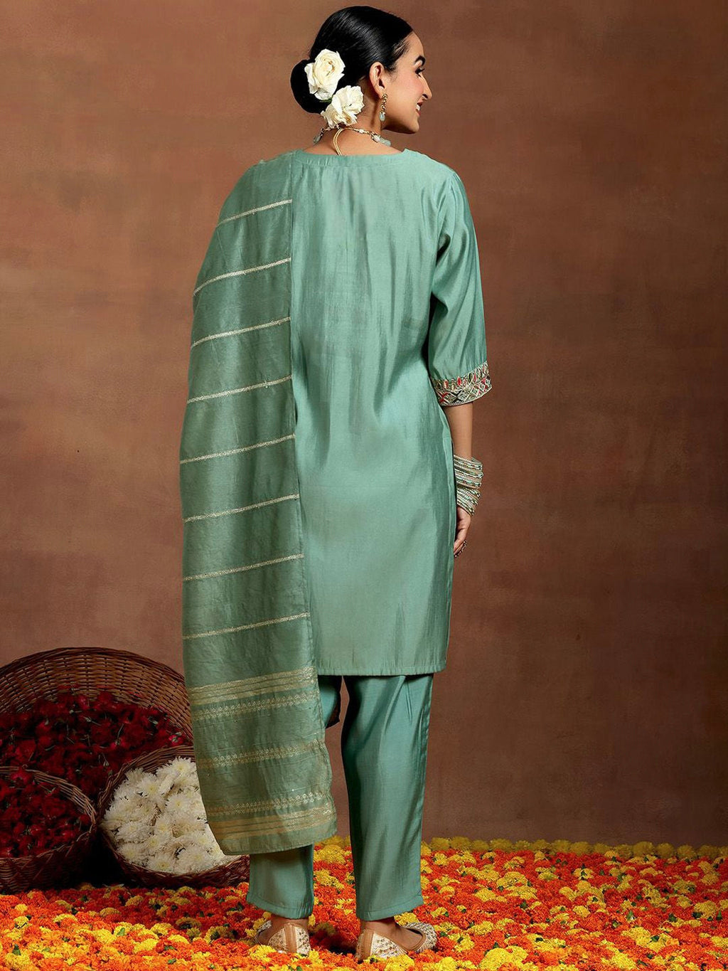 Vegaa Fashion Bottel Green Chanderi Silk Embroidered Salwar Suit - Distacart