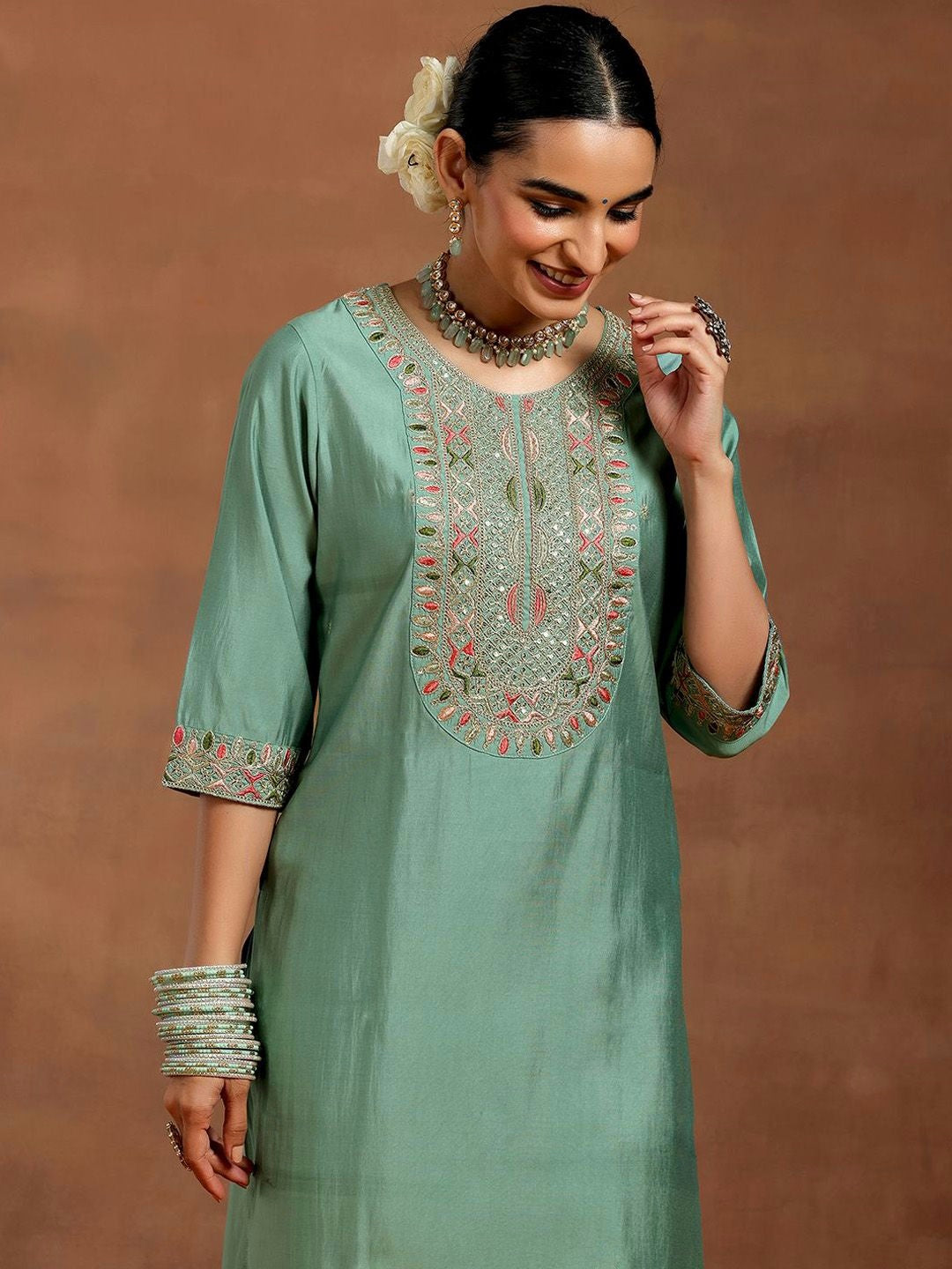 Vegaa Fashion Bottel Green Chanderi Silk Embroidered Salwar Suit - Distacart