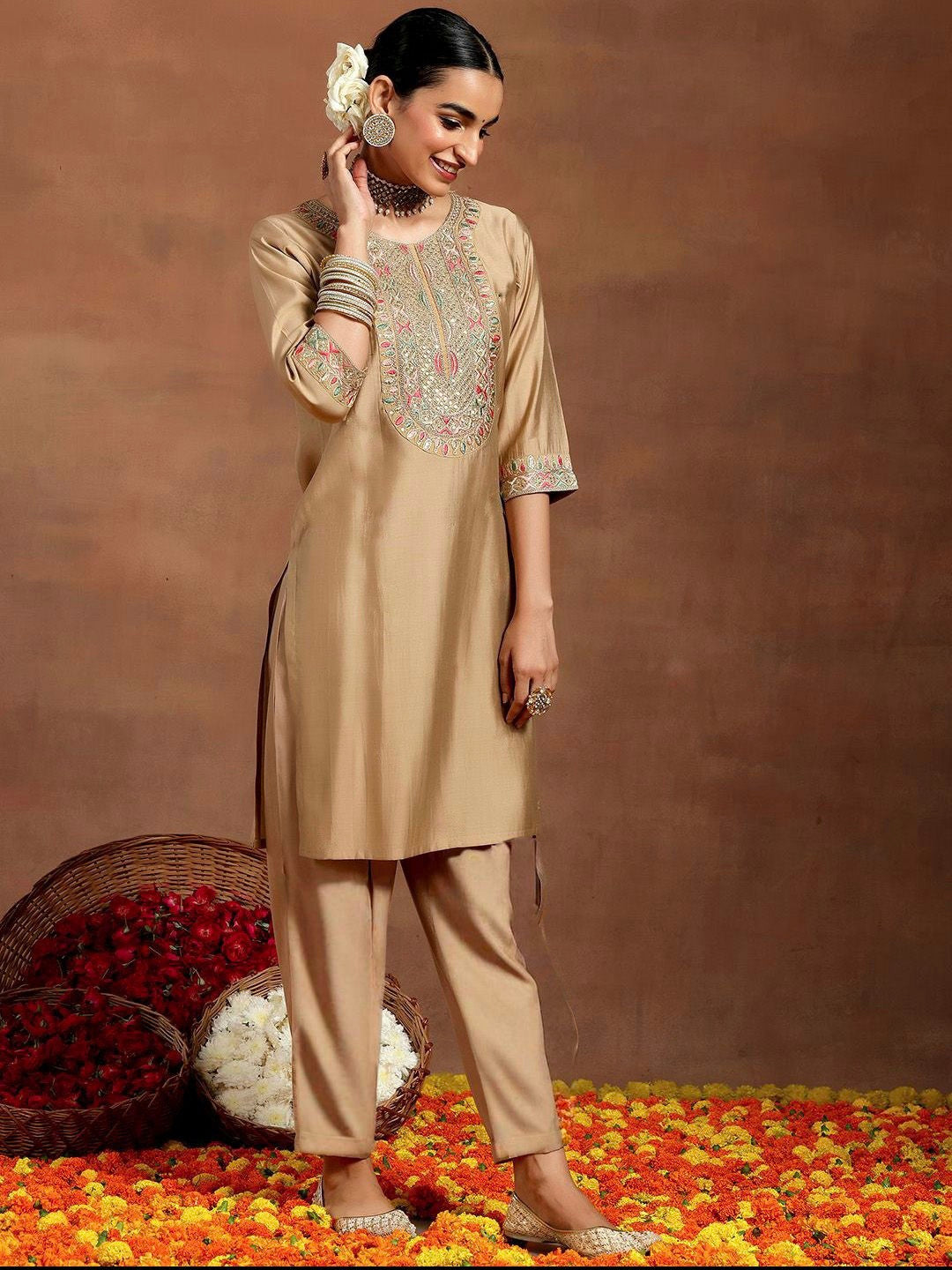 Vegaa Fashion Cream Chanderi Silk Embroidered Salwar Suit - Distacart