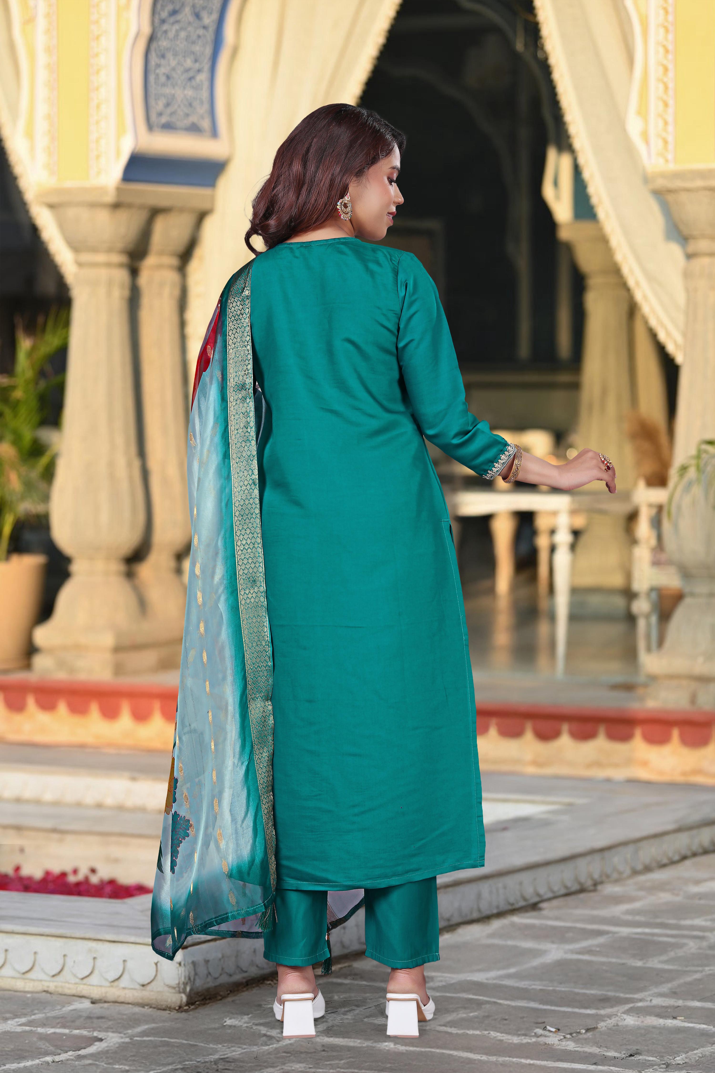 Vegaa Fashion Turqiouse Chanderi Silk Embroidered Salwar Suit - Distacart
