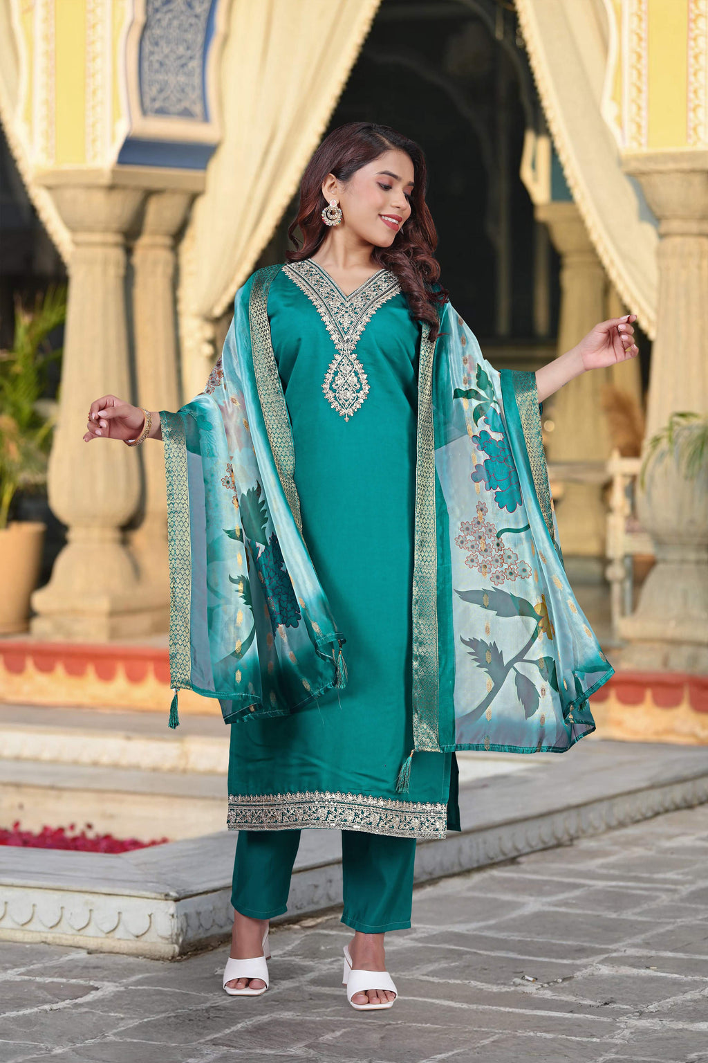 Vegaa Fashion Turqiouse Chanderi Silk Embroidered Salwar Suit - Distacart