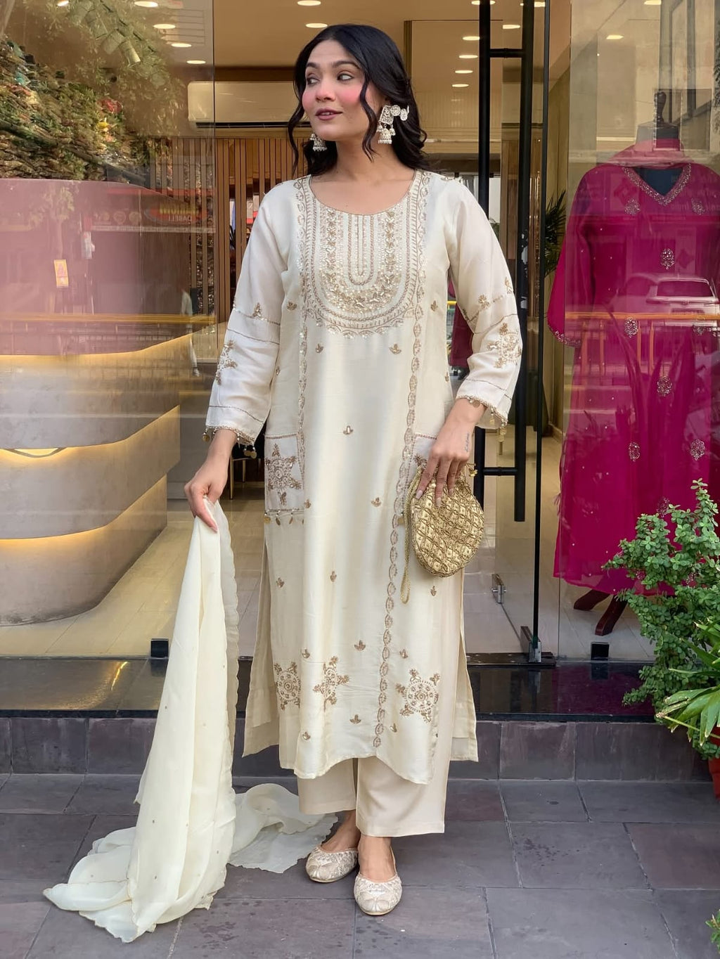 Vegaa Fashion Off White Art Silk Embroidered Salwar Suit - Distacart