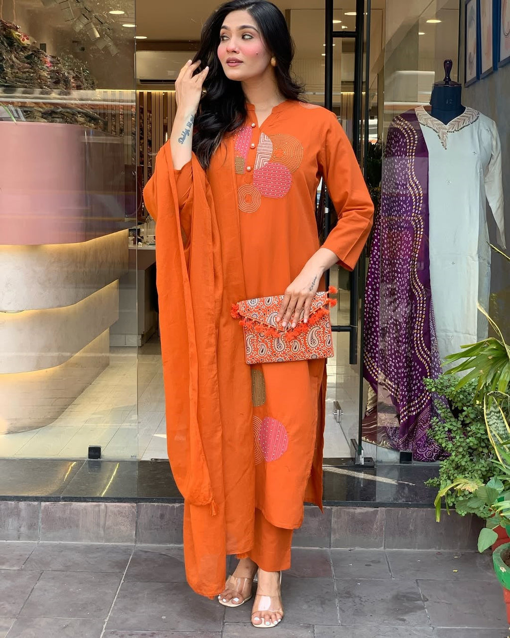 Vegaa Fashion Orange Reyon Embroidered Salwar Suit - Distacart