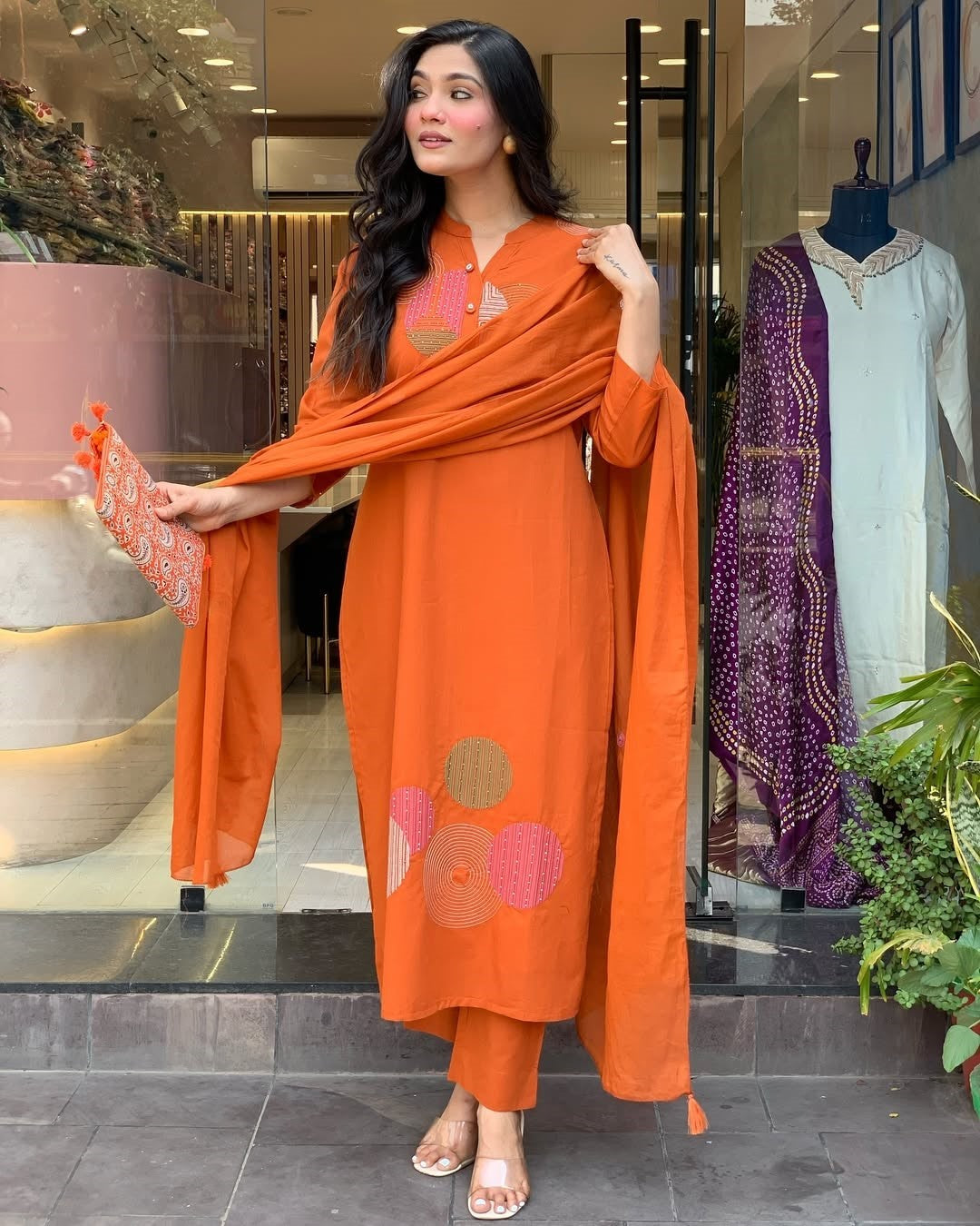 Vegaa Fashion Orange Reyon Embroidered Salwar Suit - Distacart