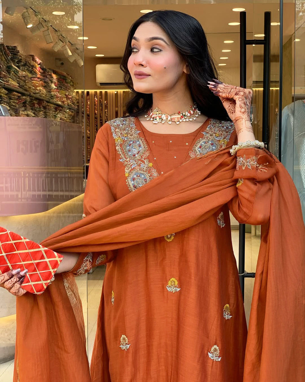 Vegaa Fashion Orange Vichitra Silk Embroidered Salwar Suit - Distacart