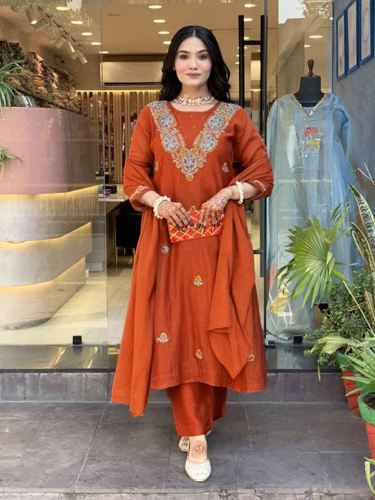 Vegaa Fashion Orange Vichitra Silk Embroidered Salwar Suit - Distacart