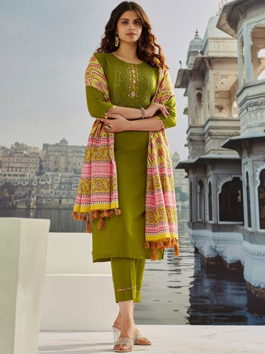 Vegaa Fashion Mahendi Muslin Cotton Embroidered Salwar Suit - Distacart