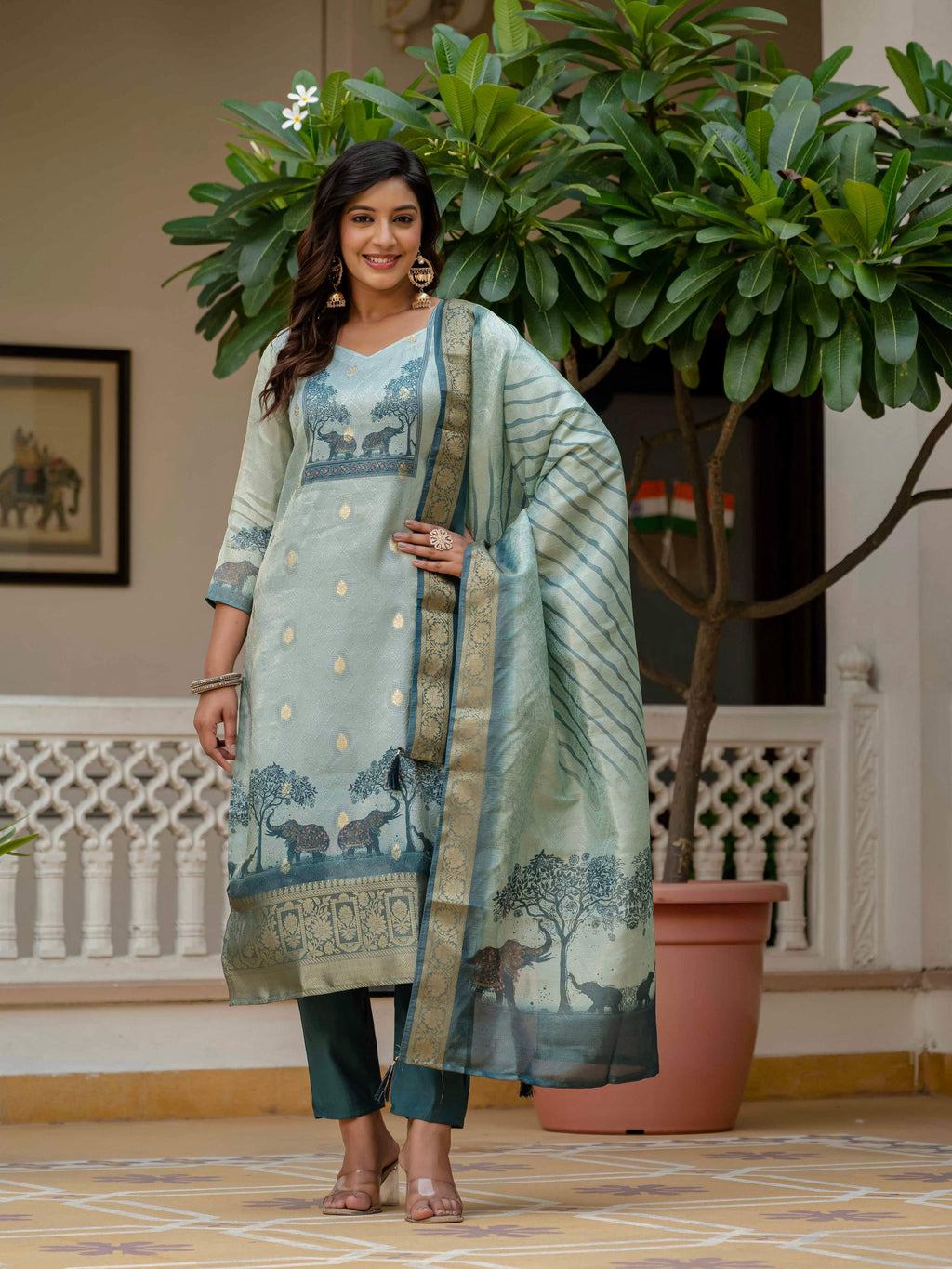 Vegaa Fashion Pista Green Jacquard Silk Printed Salwar Suit - Distacart