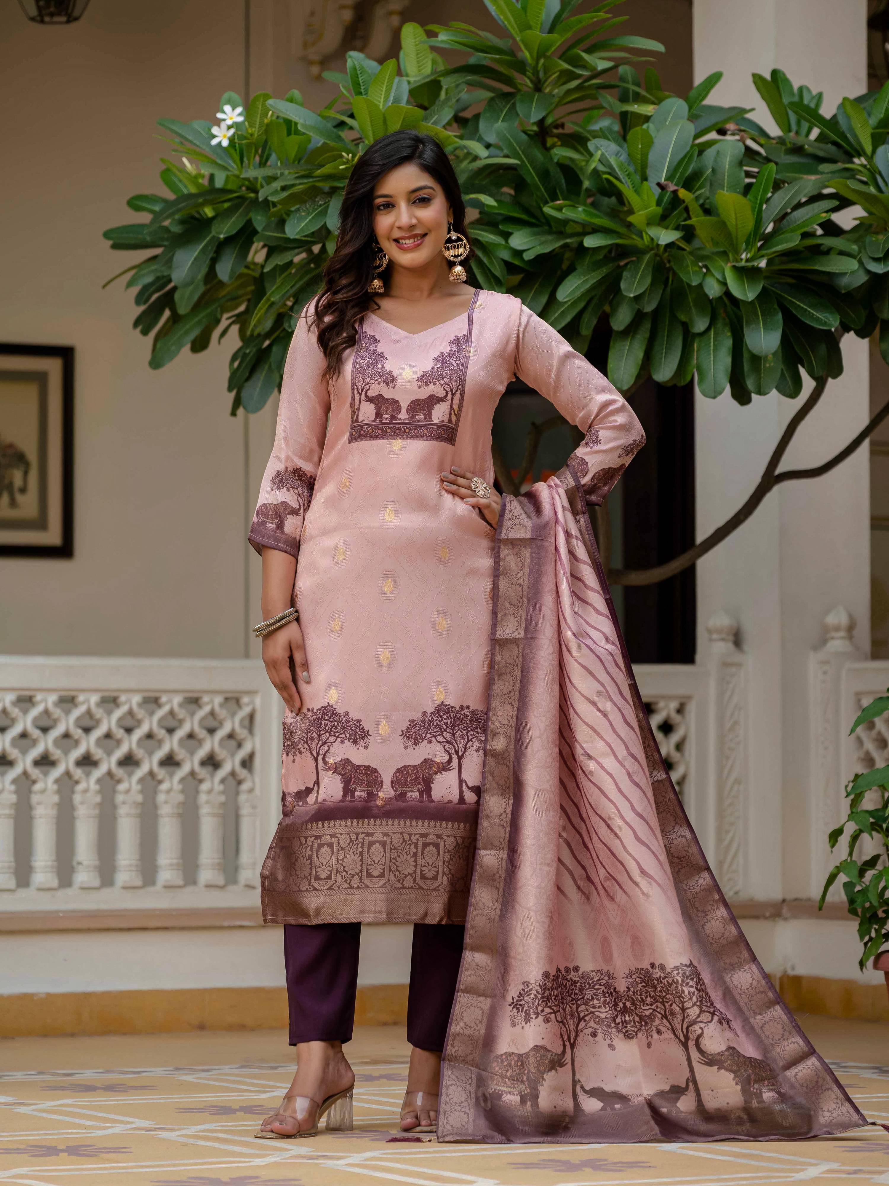 Vegaa Fashion Light Peach Jacquard Silk Printed Salwar Suit - Distacart