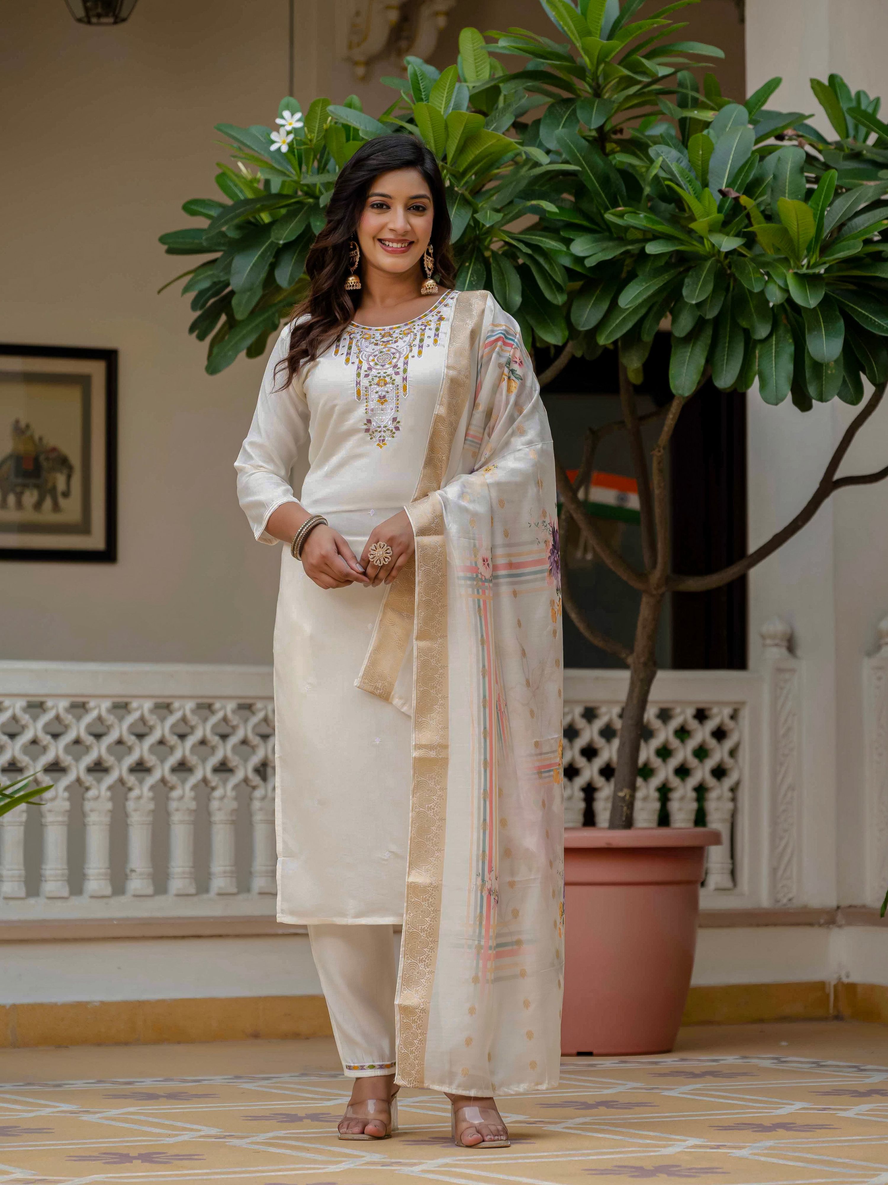 Vegaa Fashion Off White Roman Silk Embroidered Salwar Suit - Distacart