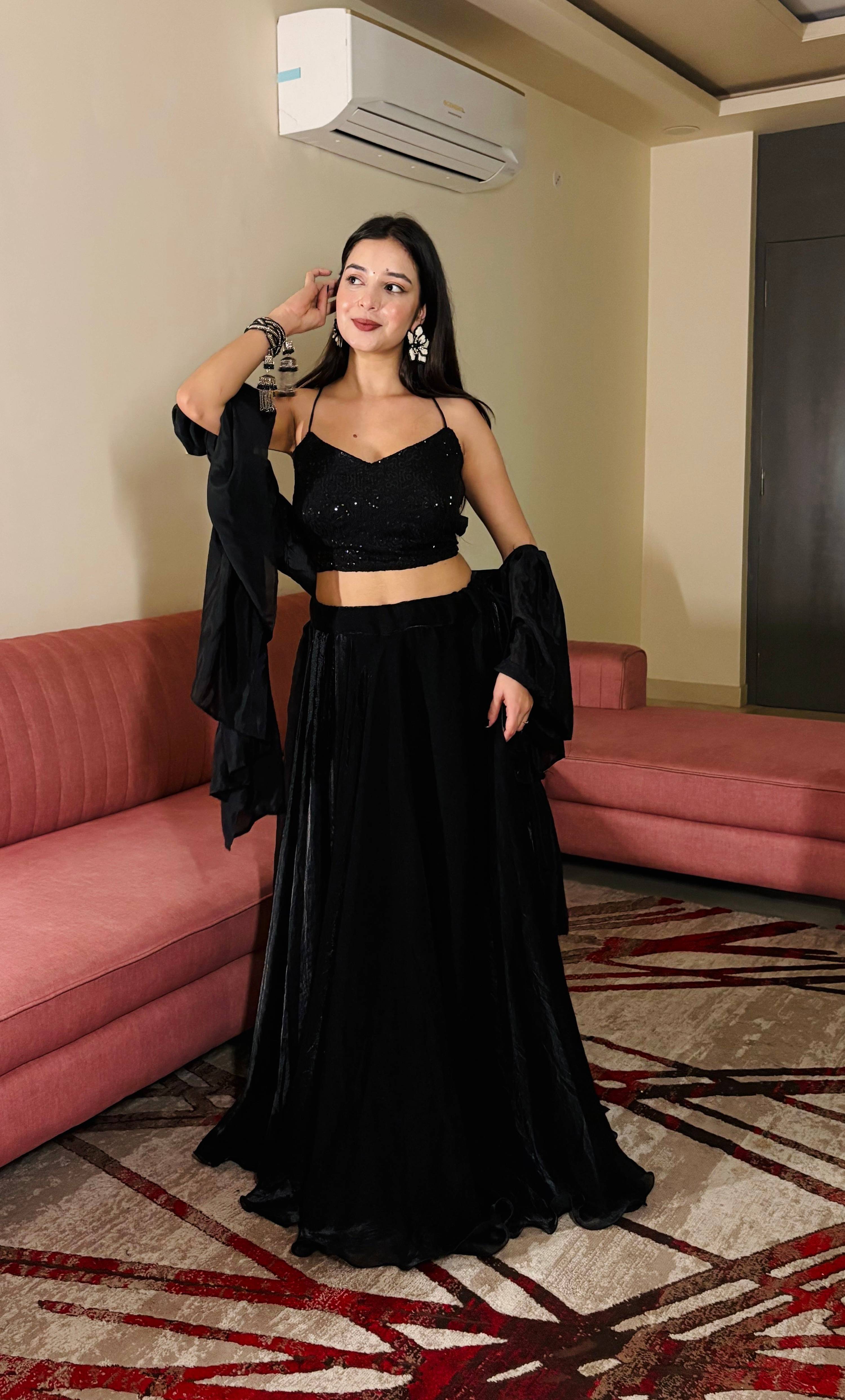 Lorenvalley Fashion Black Fendy Satin crush with Plain Lehenga Choli with Dupatta - Distacart