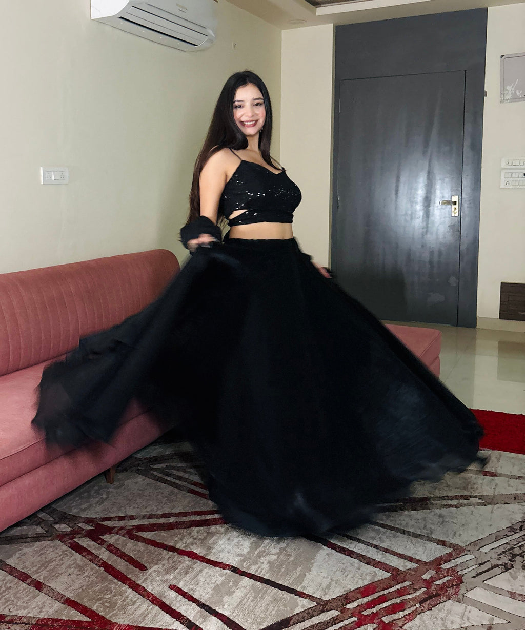 Lorenvalley Fashion Black Fendy Satin crush with Plain Lehenga Choli with Dupatta - Distacart