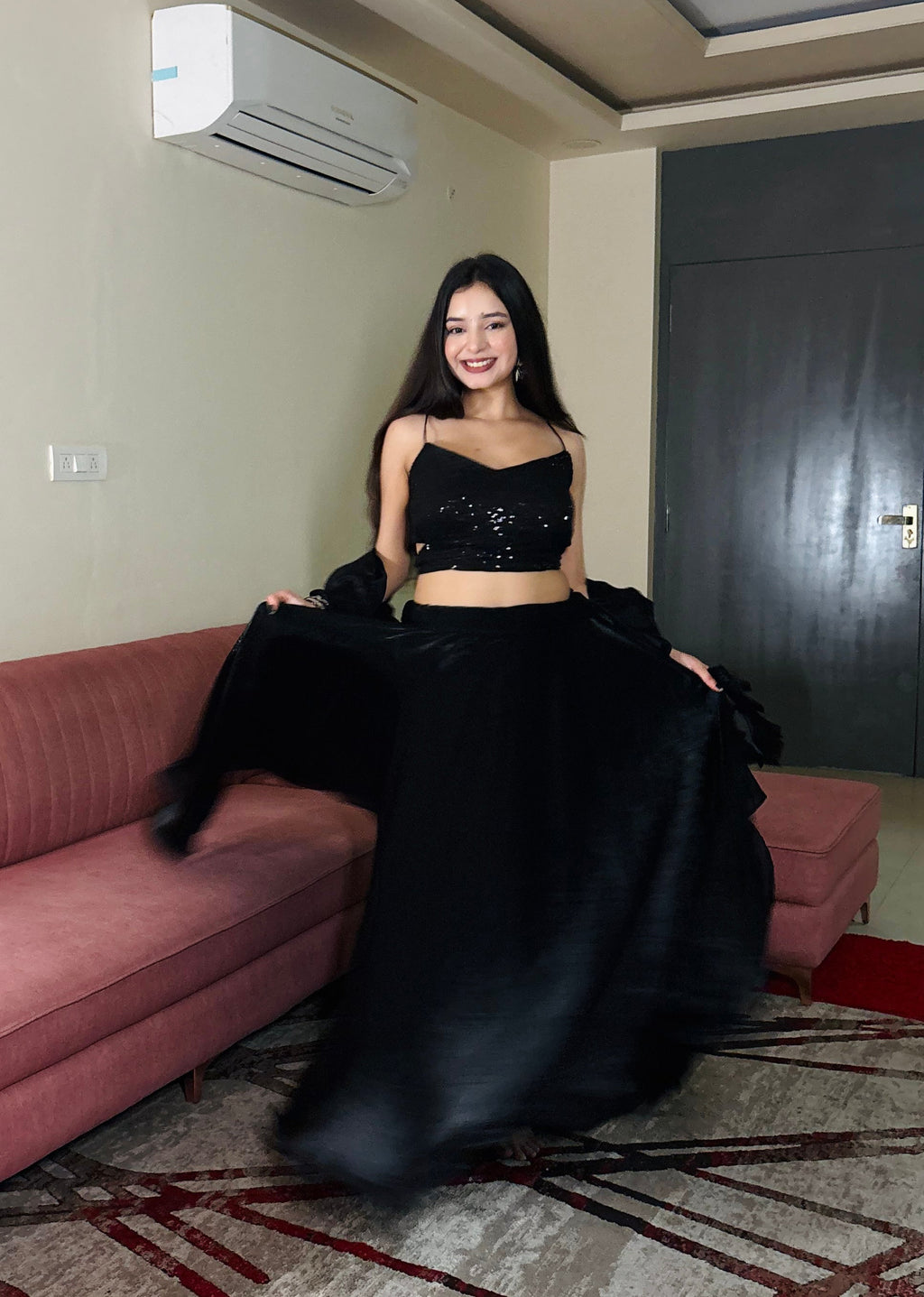 Lorenvalley Fashion Black Fendy Satin crush with Plain Lehenga Choli with Dupatta - Distacart