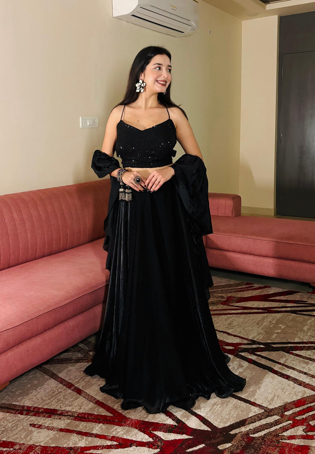 Lorenvalley Fashion Black Fendy Satin crush with Plain Lehenga Choli with Dupatta - Distacart