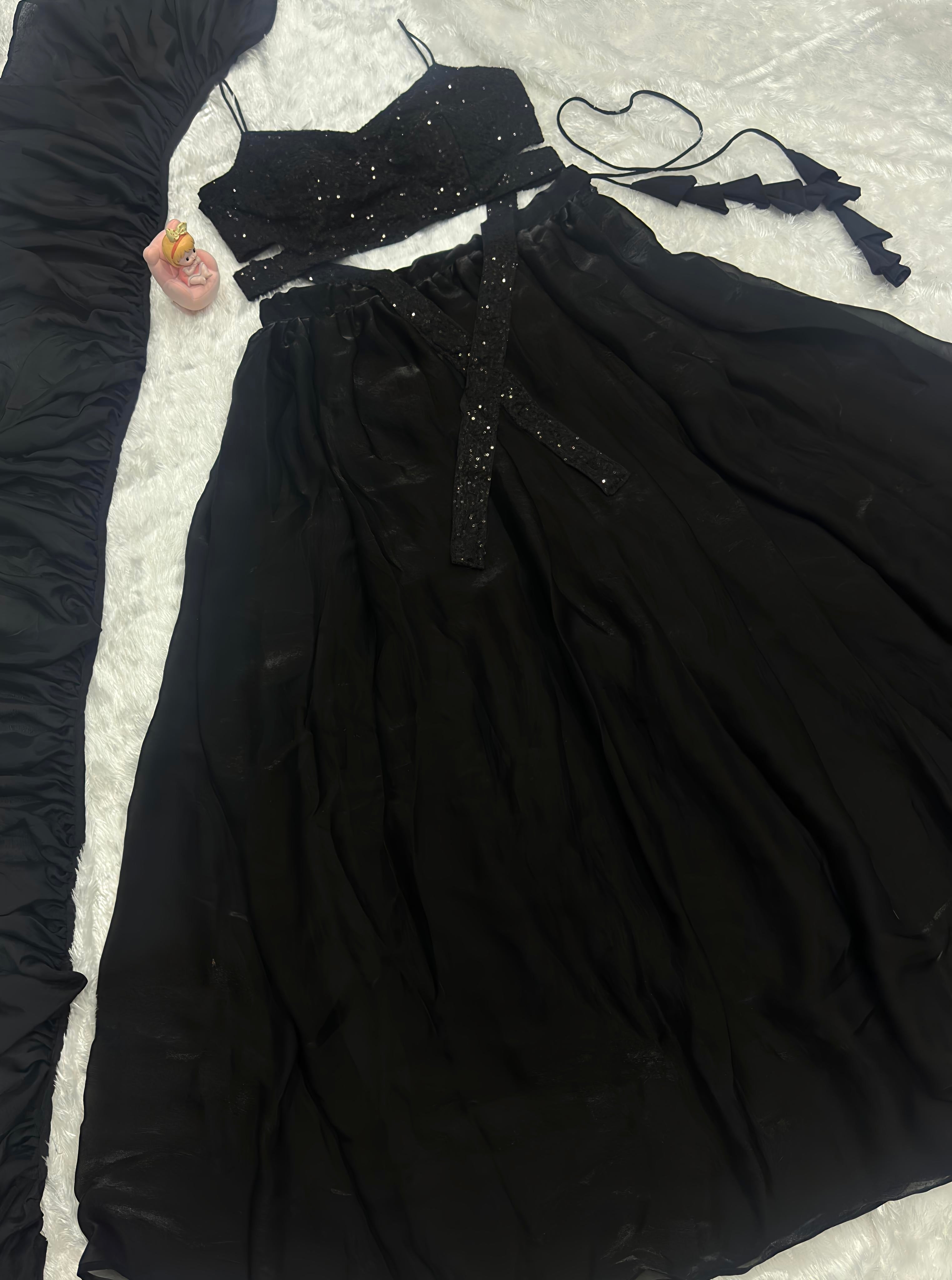 Lorenvalley Fashion Black Fendy Satin crush with Plain Lehenga Choli with Dupatta - Distacart