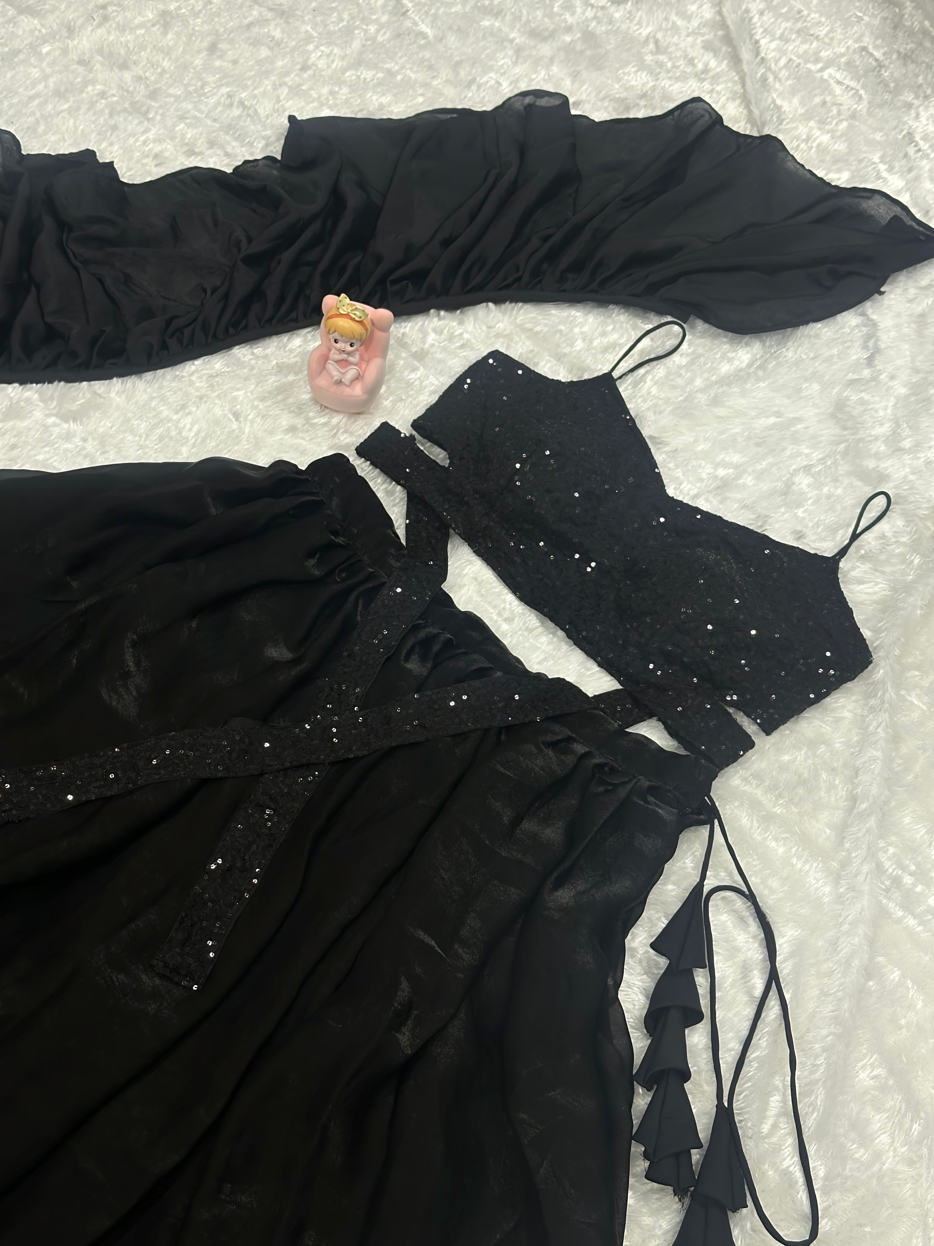 Lorenvalley Fashion Black Fendy Satin crush with Plain Lehenga Choli with Dupatta - Distacart