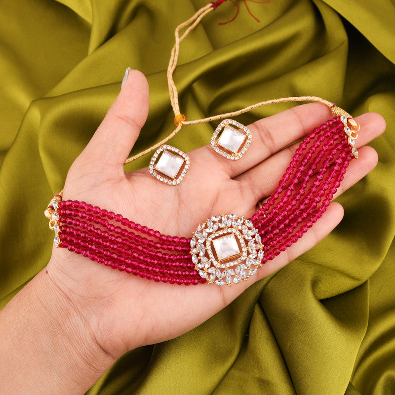 Tehzeeb Creations Brass Gold-Polished Gold, Red, White Jewel Set  