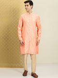 House of Pataudi Men Peach-Coloured Floral Embroidered A-Line Kurta